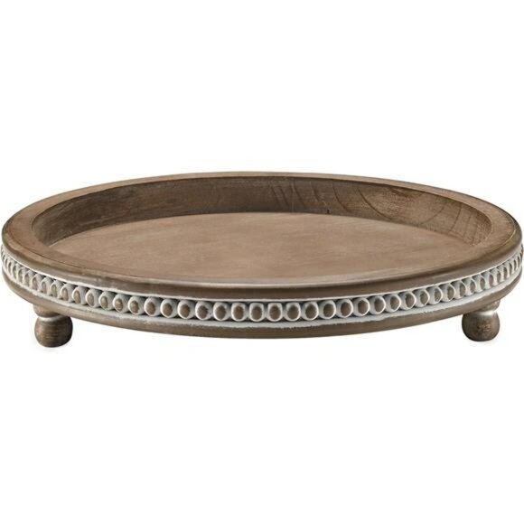 Wood Beaded Round Tray 12 Inch Rustic Farmhouse Coffee Table Decor Brown - Picture 1 of 7